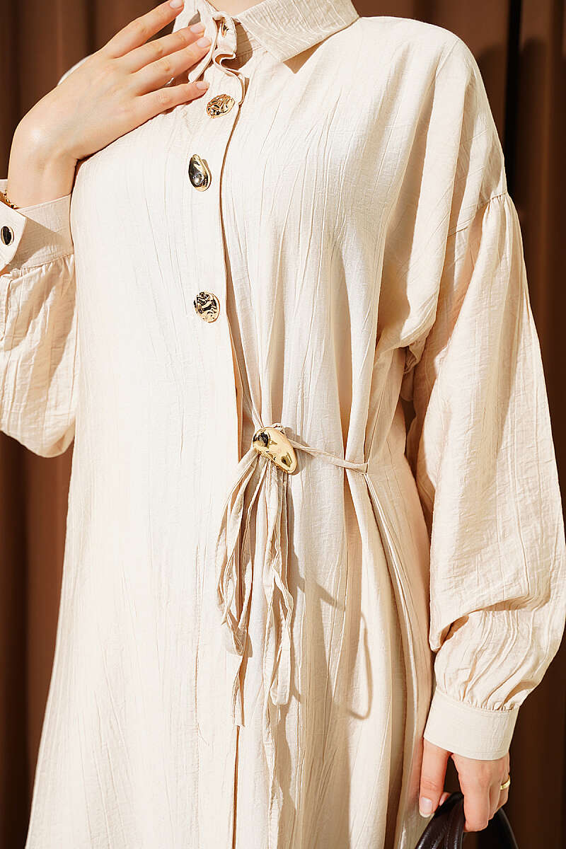 Long Tunic Set with Concealed Buttons and Tie Detail - Beige