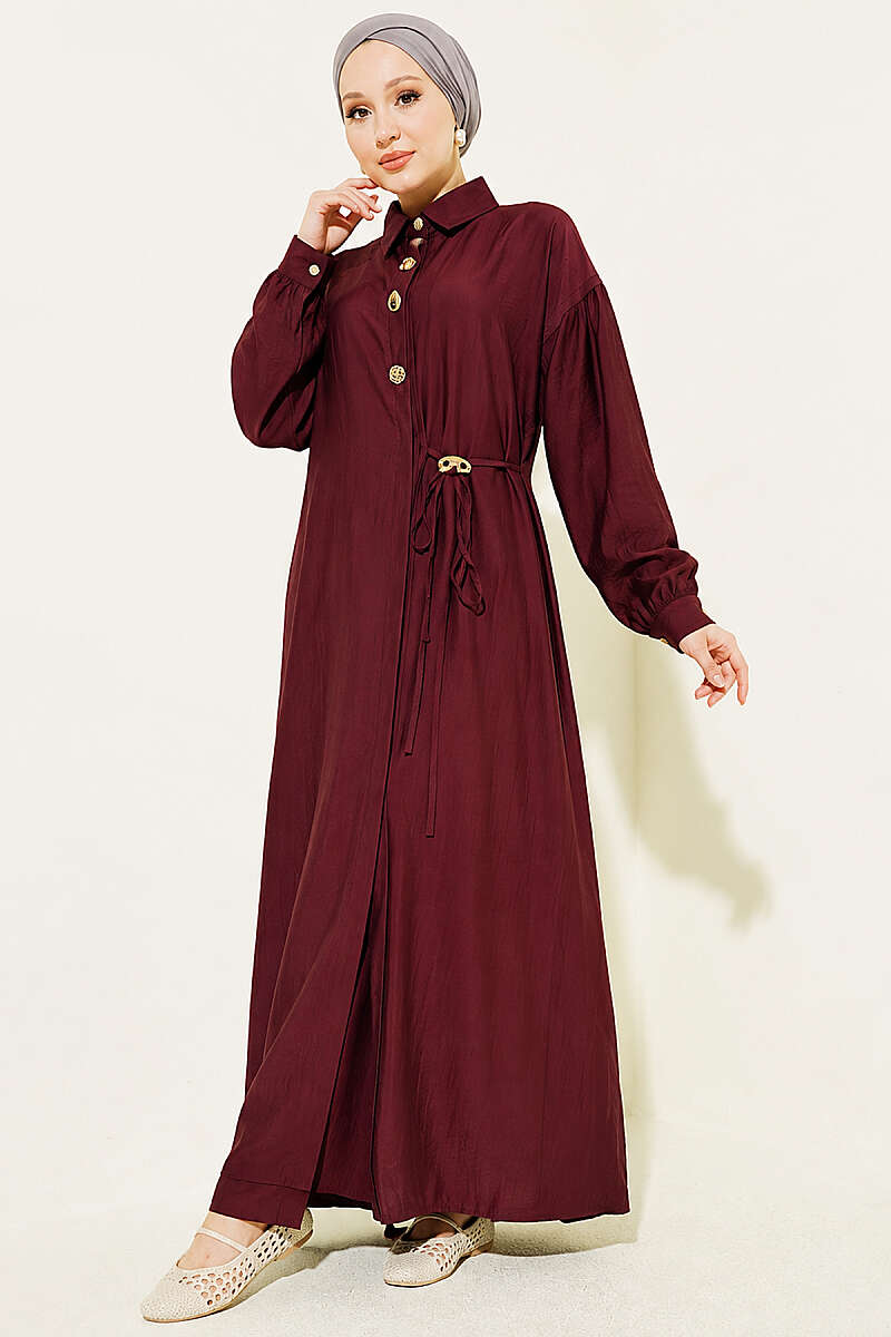 Long Tunic Set with Concealed Buttons and Tie Detail - Burgundy