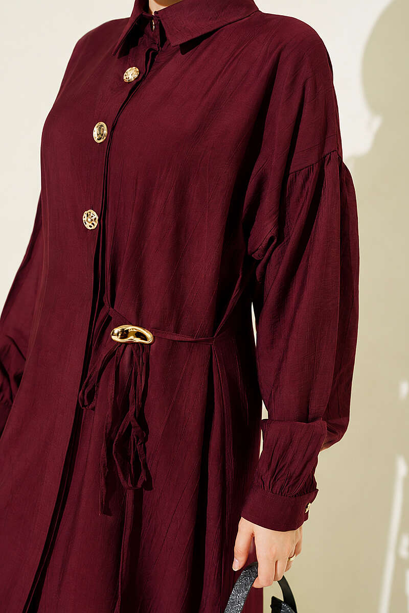 Long Tunic Set with Concealed Buttons and Tie Detail - Burgundy