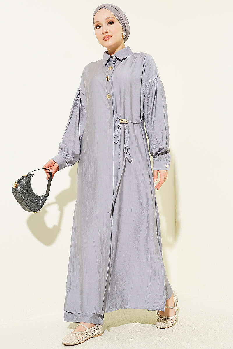 Long Tunic Set with Concealed Buttons and Tie Detail - Grey