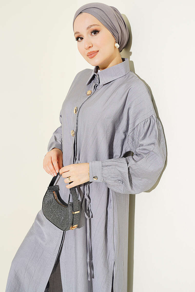 Long Tunic Set with Concealed Buttons and Tie Detail - Grey