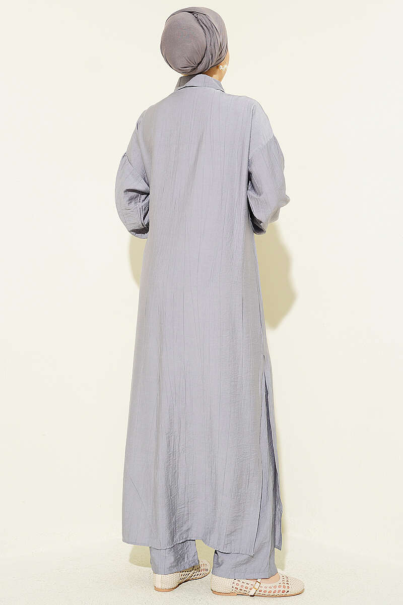 Long Tunic Set with Concealed Buttons and Tie Detail - Grey