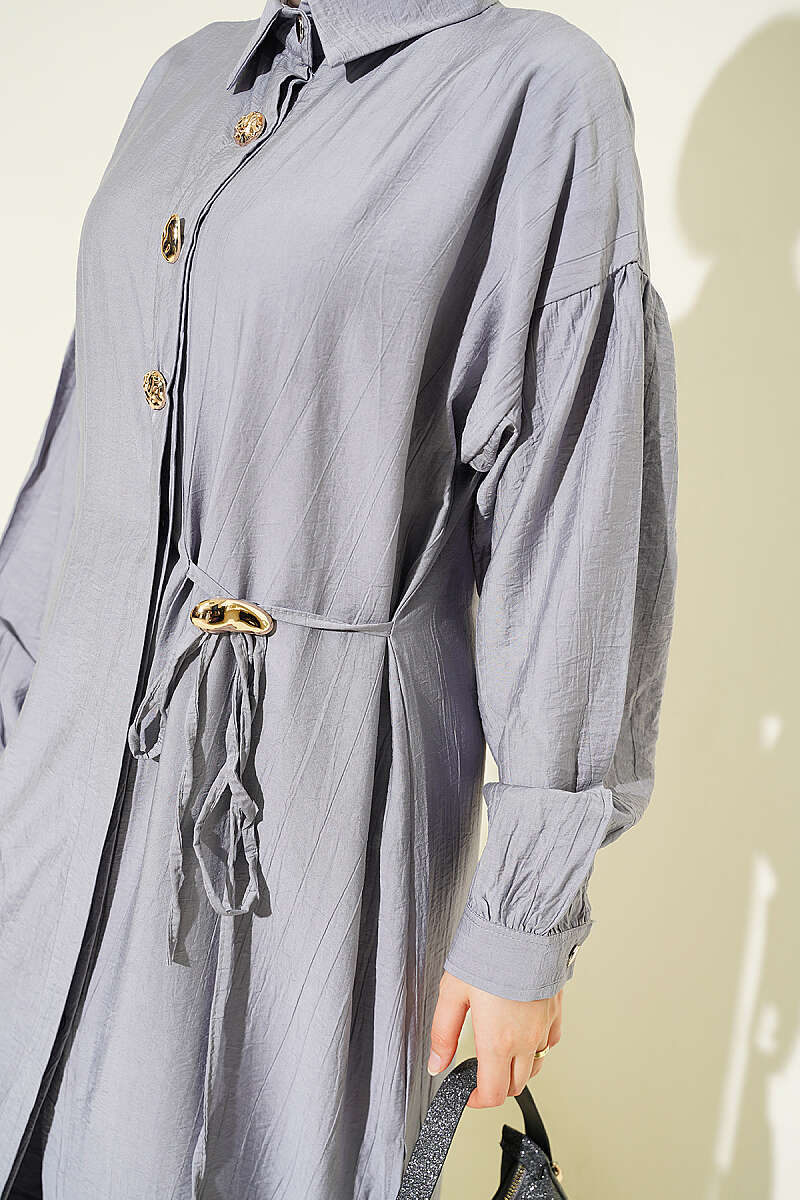 Long Tunic Set with Concealed Buttons and Tie Detail - Grey