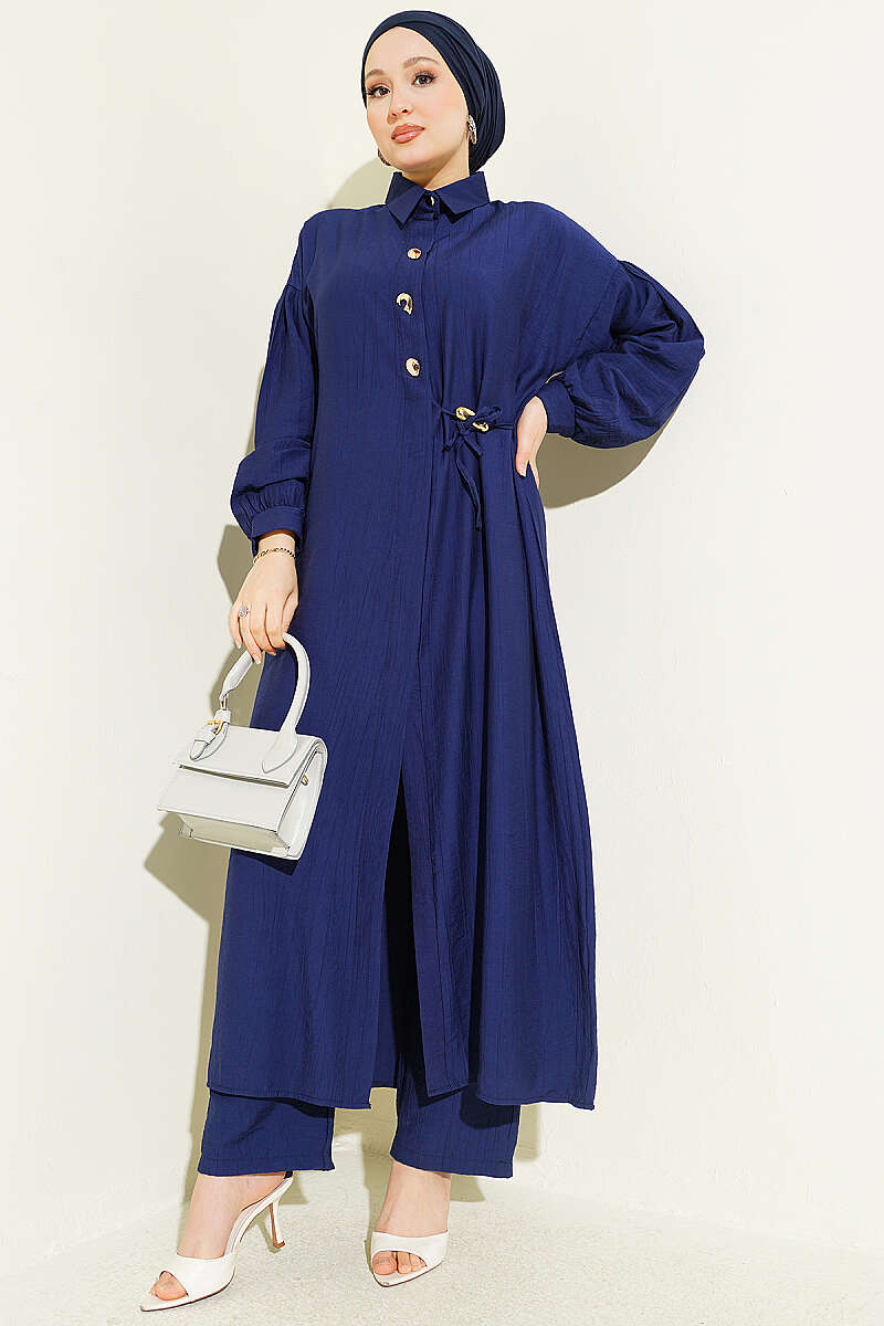 Long Tunic Set with Concealed Buttons and Tie Detail - Navy