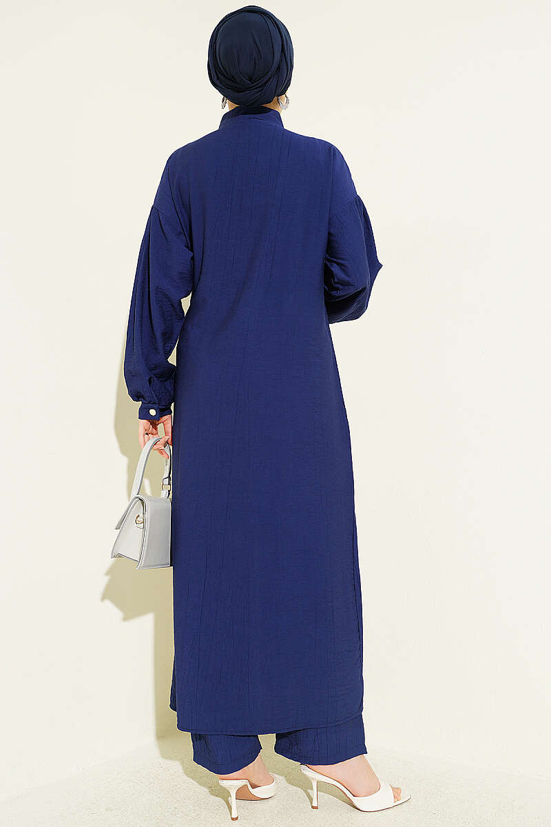 Long Tunic Set with Concealed Buttons and Tie Detail - Navy