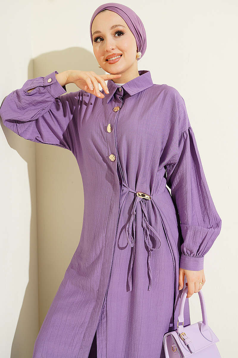 Long Tunic Set with Concealed Buttons and Tie Detail - Lilac