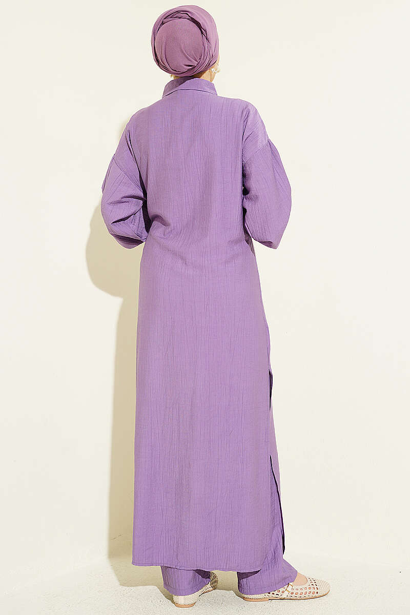 Long Tunic Set with Concealed Buttons and Tie Detail - Lilac