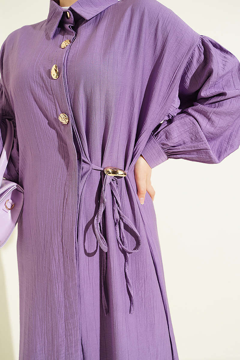 Long Tunic Set with Concealed Buttons and Tie Detail - Lilac