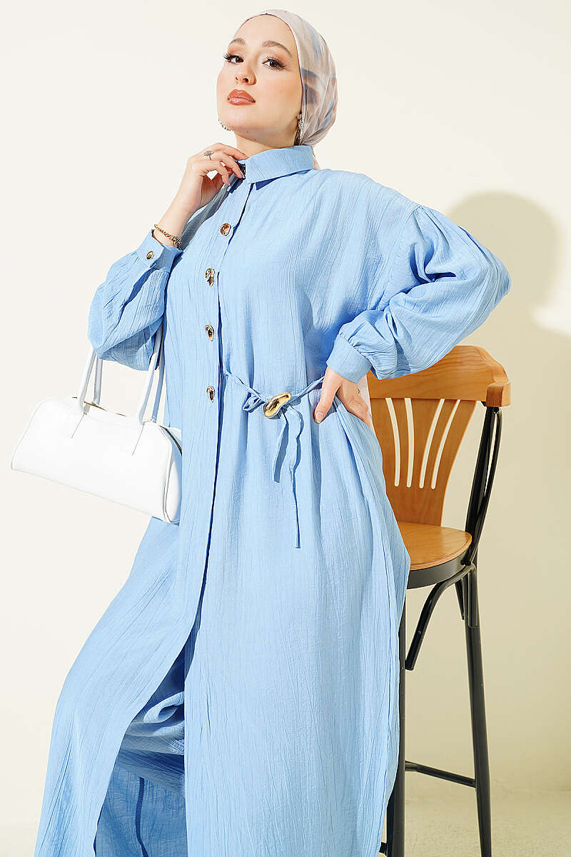 Long Tunic Set with Concealed Buttons and Tie Detail - Blue