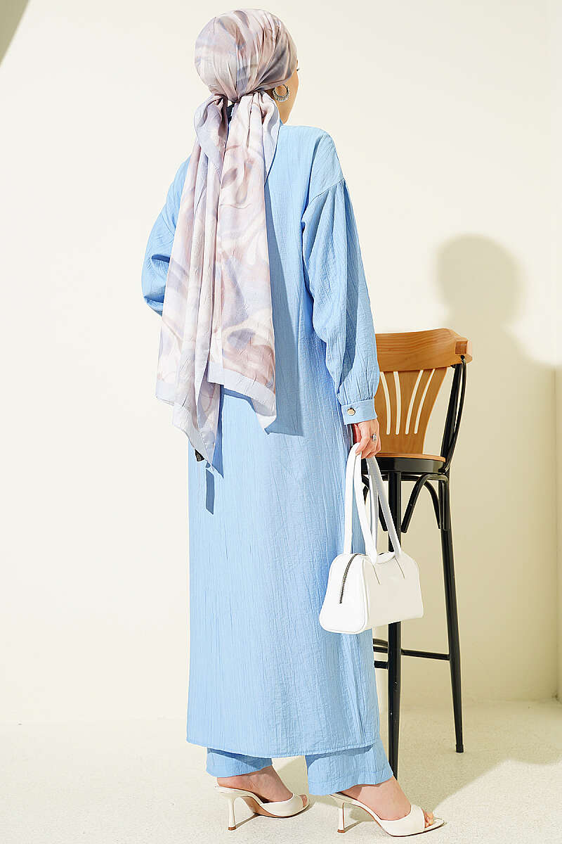 Long Tunic Set with Concealed Buttons and Tie Detail - Blue