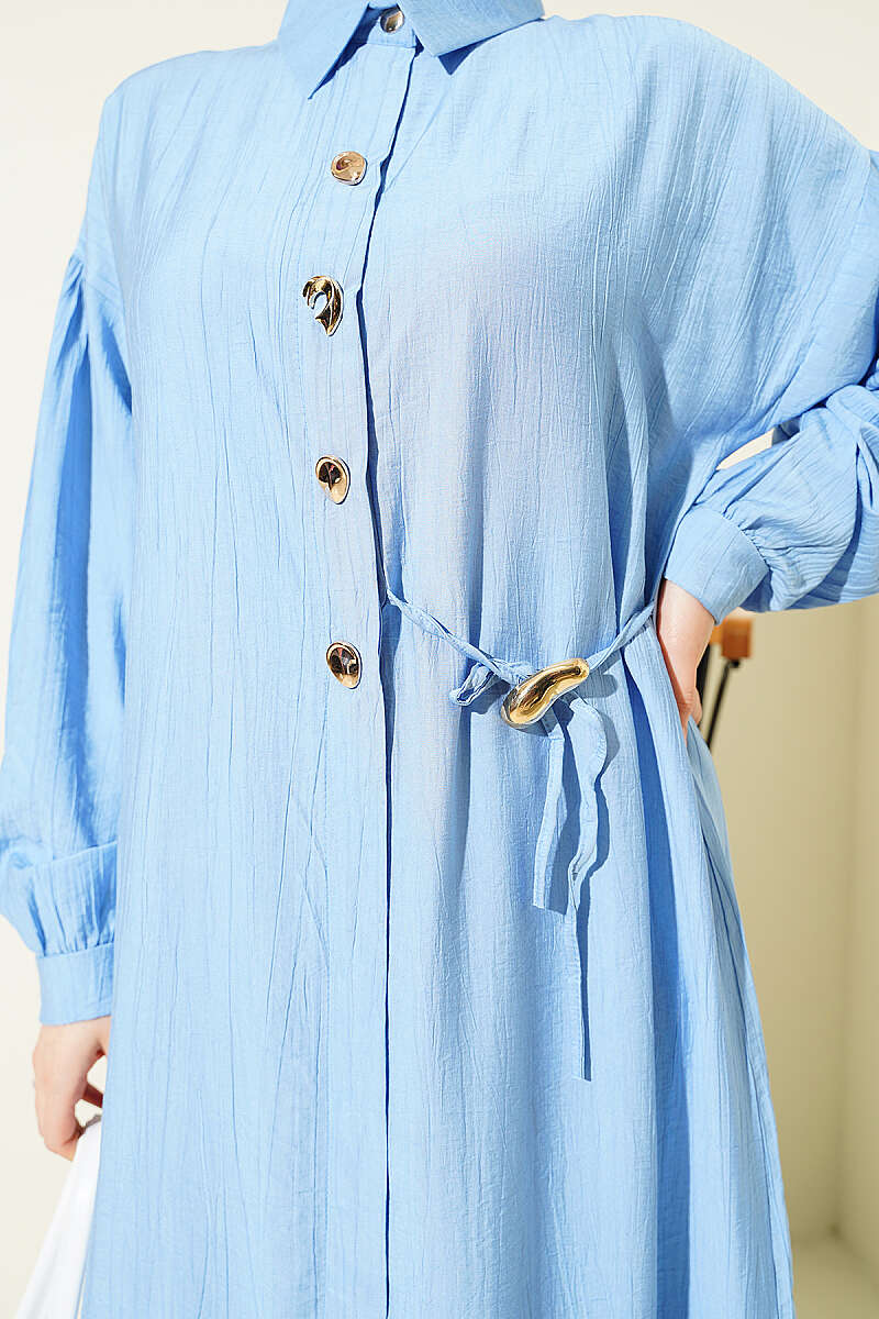 Long Tunic Set with Concealed Buttons and Tie Detail - Blue