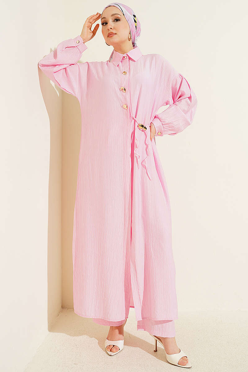 Long Tunic Set with Concealed Buttons and Tie Detail - Pink