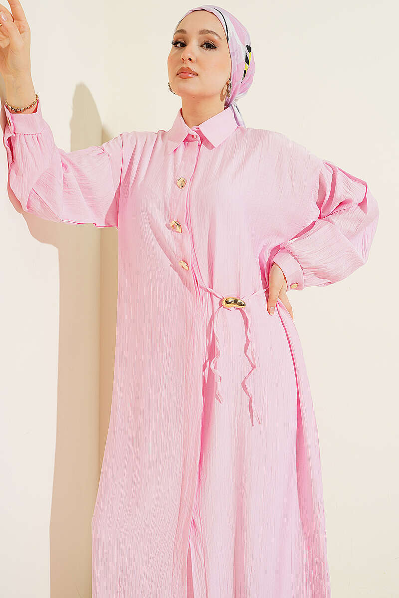 Long Tunic Set with Concealed Buttons and Tie Detail - Pink