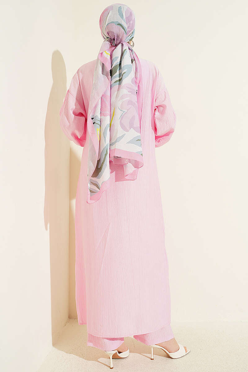 Long Tunic Set with Concealed Buttons and Tie Detail - Pink