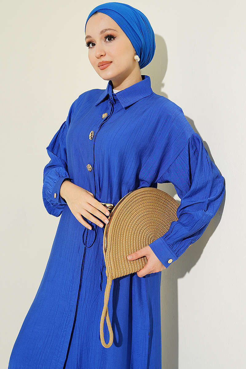 Long Tunic Set with Concealed Buttons and Tie Detail - Saxe Blue