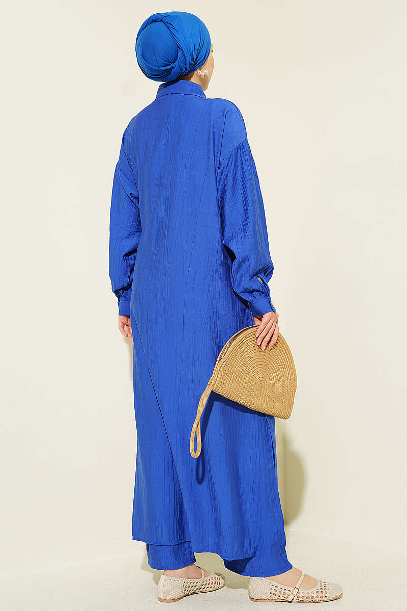 Long Tunic Set with Concealed Buttons and Tie Detail - Saxe Blue