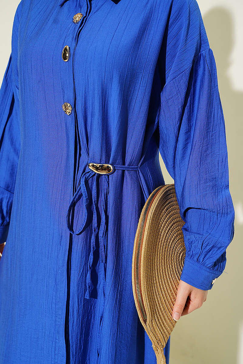 Long Tunic Set with Concealed Buttons and Tie Detail - Saxe Blue