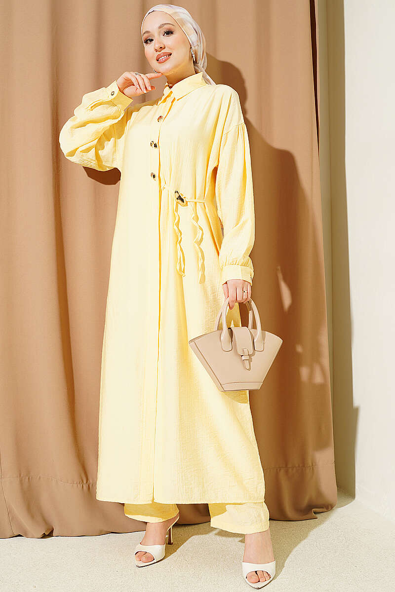 Long Tunic Set with Concealed Buttons and Tie Detail - Yellow