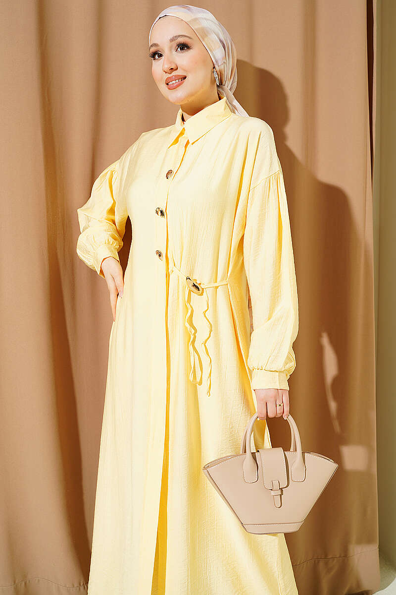 Long Tunic Set with Concealed Buttons and Tie Detail - Yellow