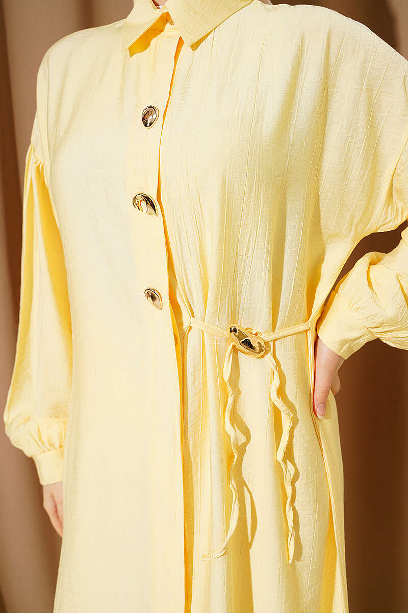 Long Tunic Set with Concealed Buttons and Tie Detail - Yellow