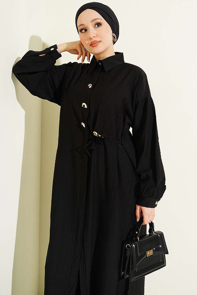 Long Tunic Set with Concealed Buttons and Tie Detail - Black