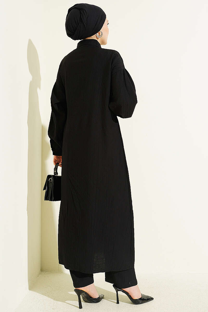 Long Tunic Set with Concealed Buttons and Tie Detail - Black