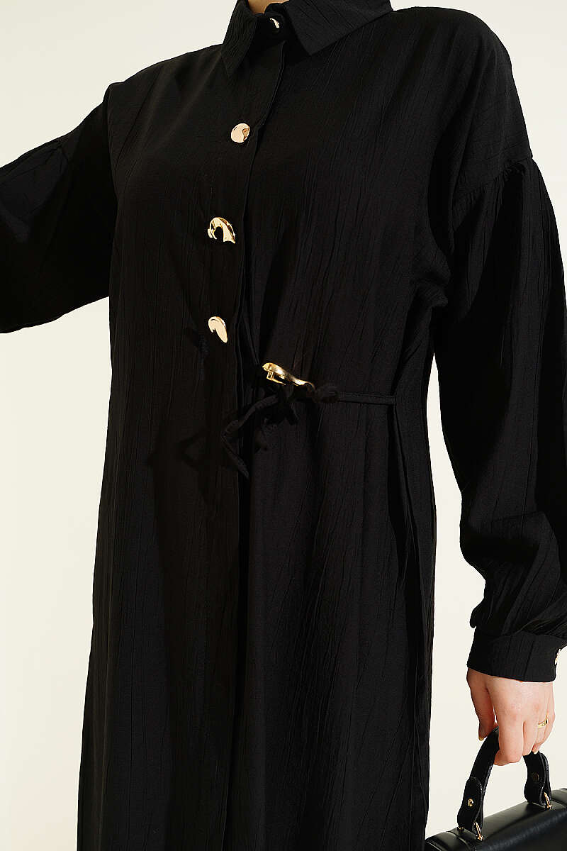 Long Tunic Set with Concealed Buttons and Tie Detail - Black