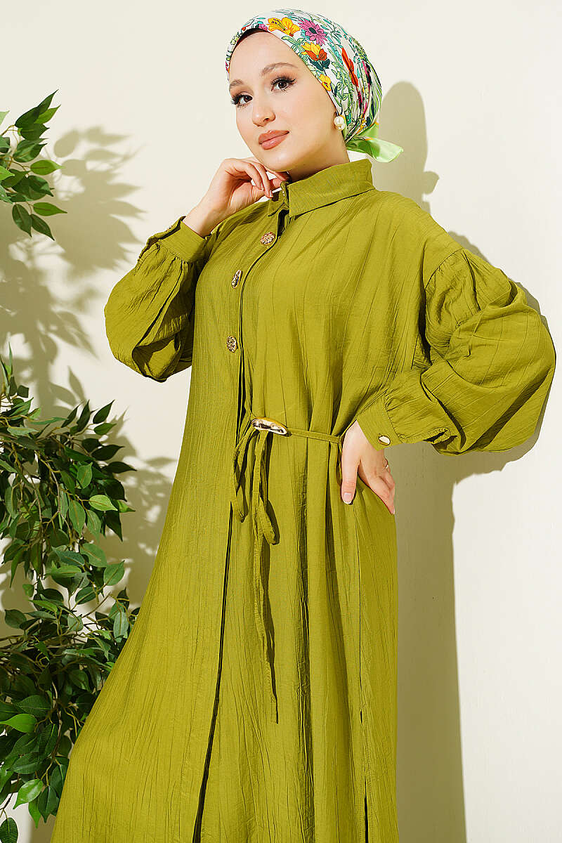 Long Tunic Set with Concealed Buttons and Tie Detail - Olive