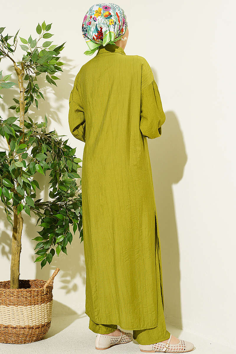 Long Tunic Set with Concealed Buttons and Tie Detail - Olive