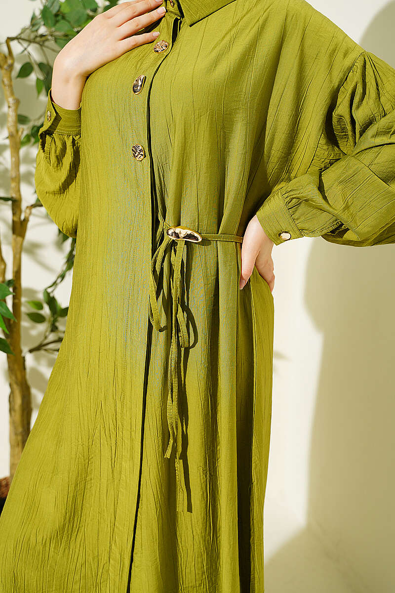 Long Tunic Set with Concealed Buttons and Tie Detail - Olive