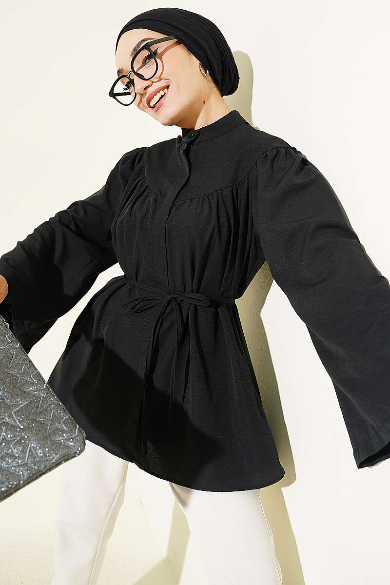 Loose Poplin Shirt with Concealed Buttons and Tie Belt - Black