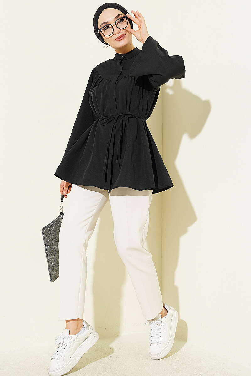 Loose Poplin Shirt with Concealed Buttons and Tie Belt - Black