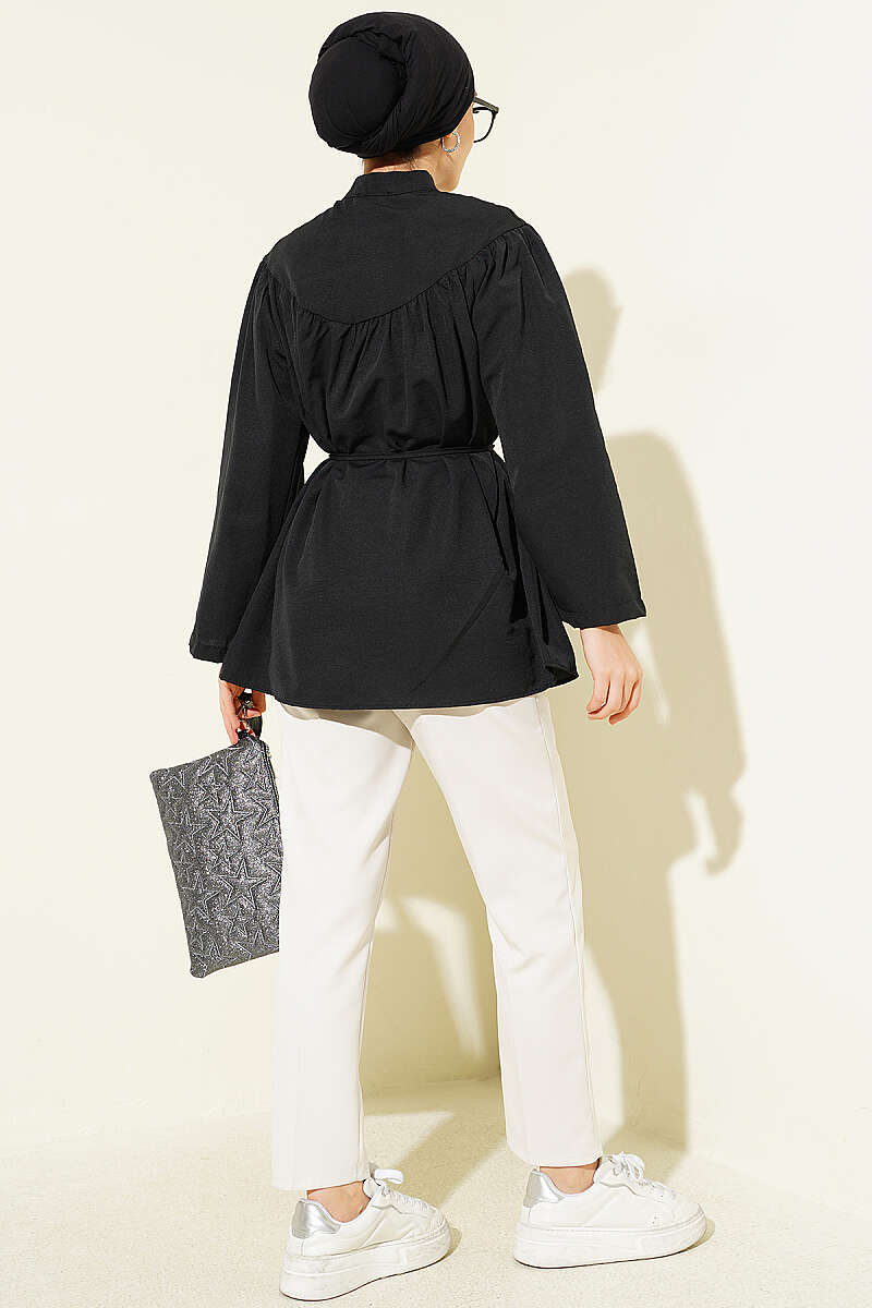 Loose Poplin Shirt with Concealed Buttons and Tie Belt - Black