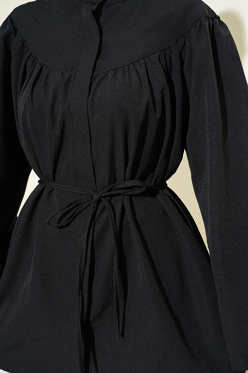 Loose Poplin Shirt with Concealed Buttons and Tie Belt - Black