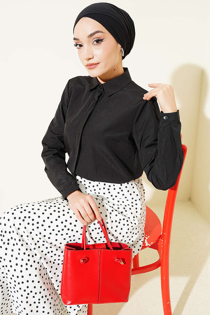 Short Shirt with Concealed Buttons - Black