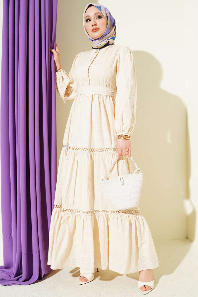 Belted Dress with Concealed Buttons - Beige