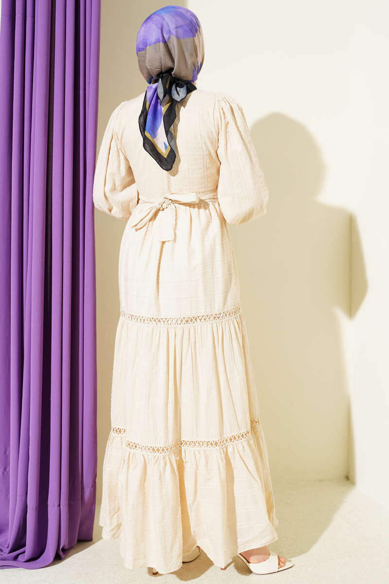 Belted Dress with Concealed Buttons - Beige