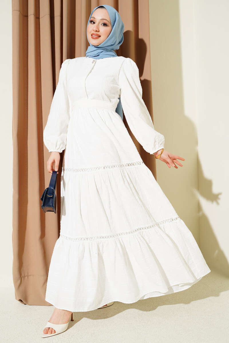 Belted Dress with Concealed Buttons - White