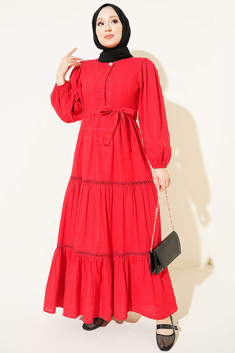 Belted Dress with Concealed Buttons - Red