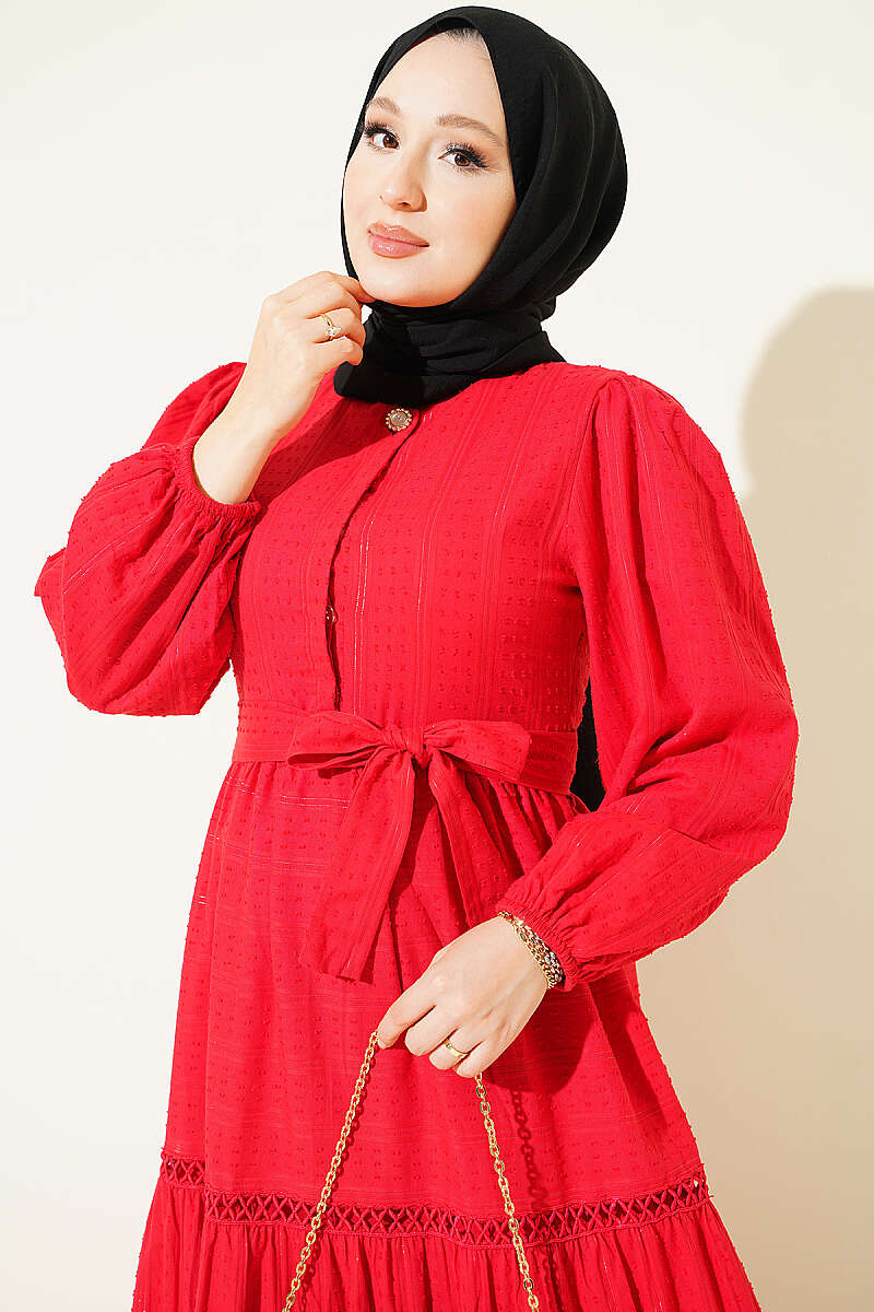 Belted Dress with Concealed Buttons - Red