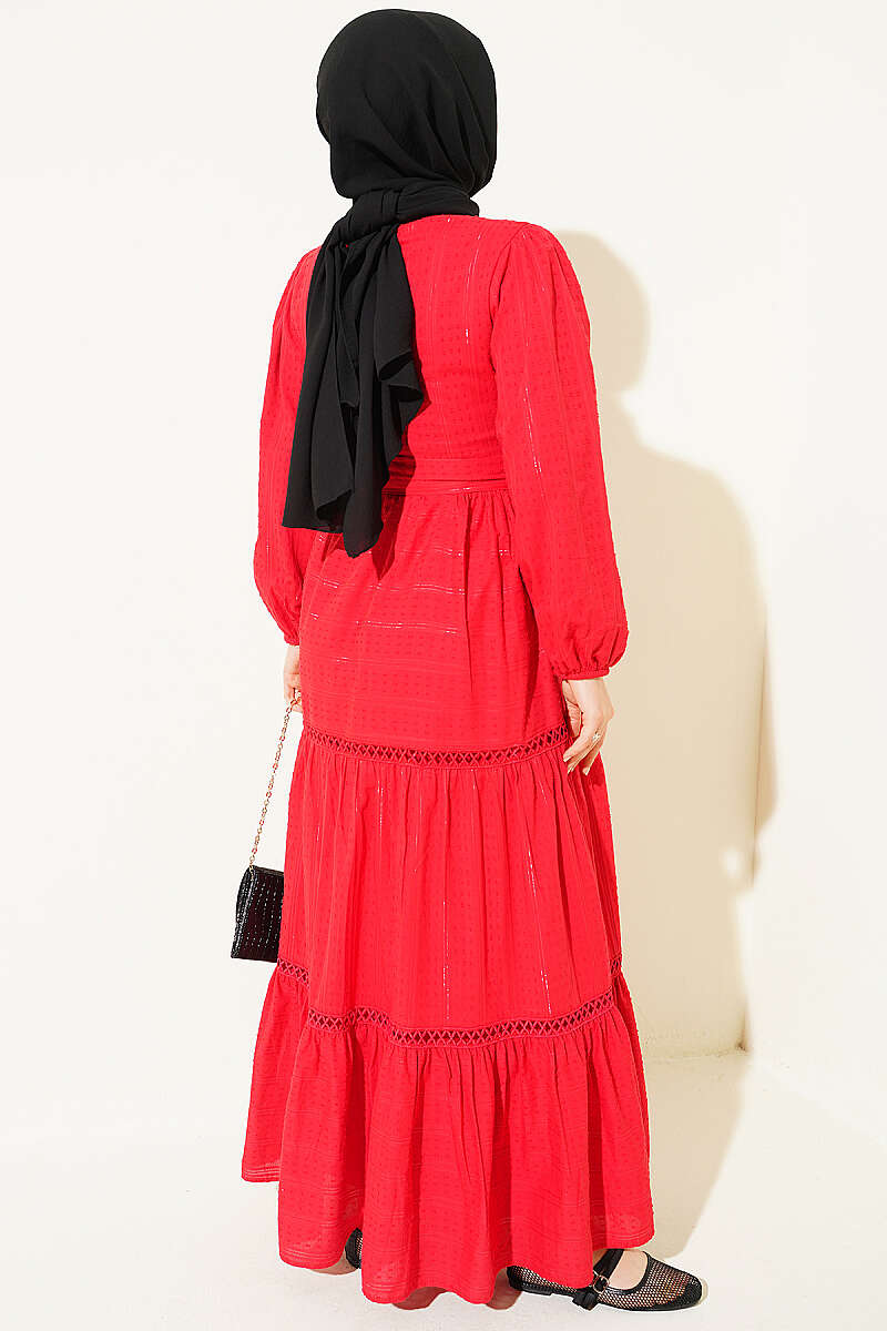 Belted Dress with Concealed Buttons - Red