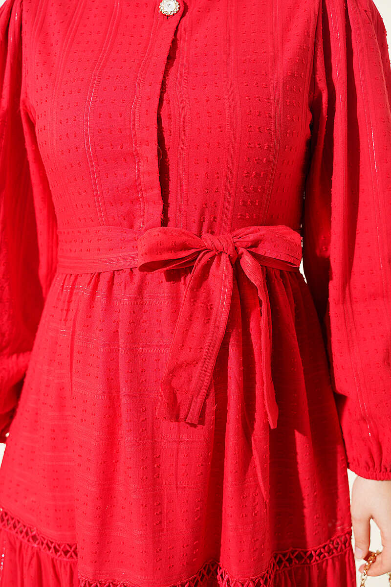 Belted Dress with Concealed Buttons - Red
