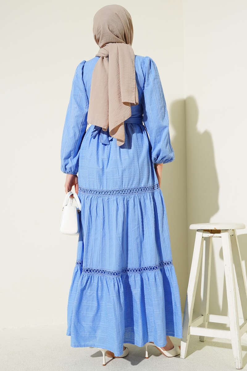 Belted Dress with Concealed Buttons - Blue