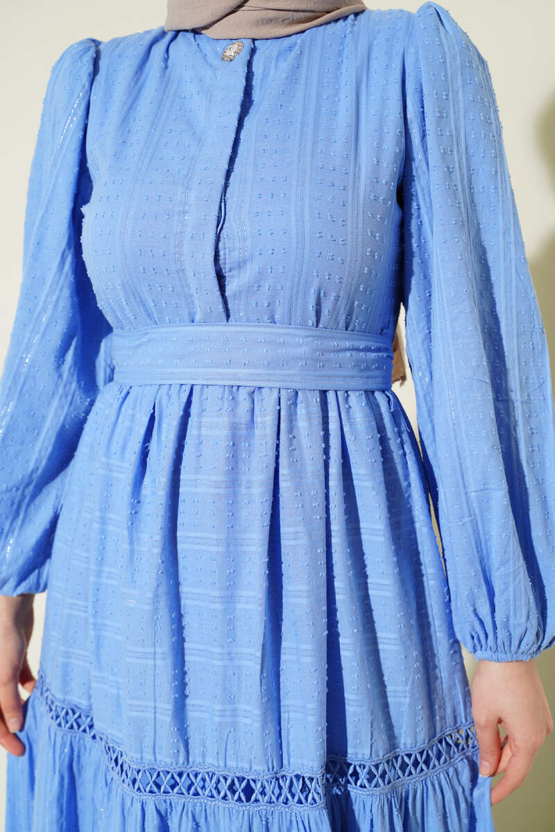 Belted Dress with Concealed Buttons - Blue