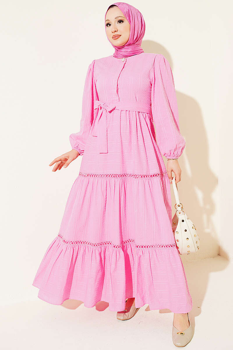 Belted Dress with Concealed Buttons - Pink