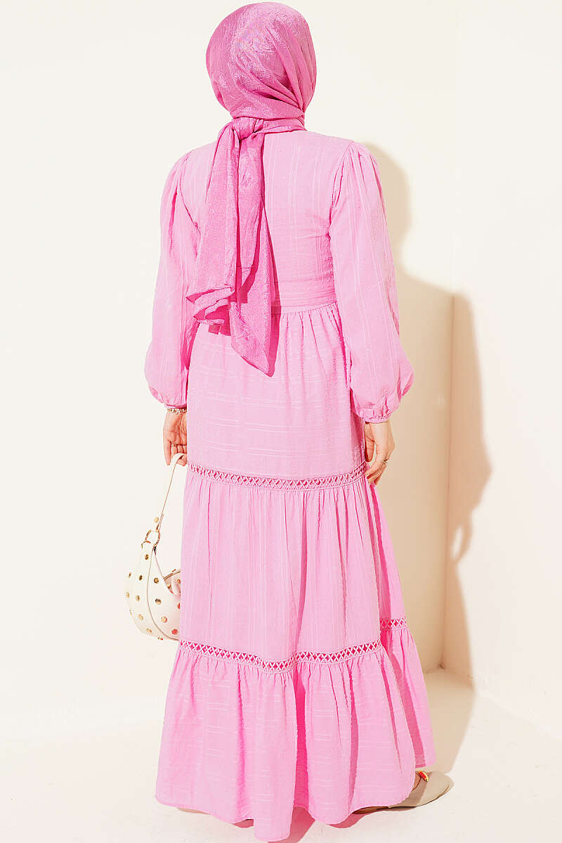 Belted Dress with Concealed Buttons - Pink