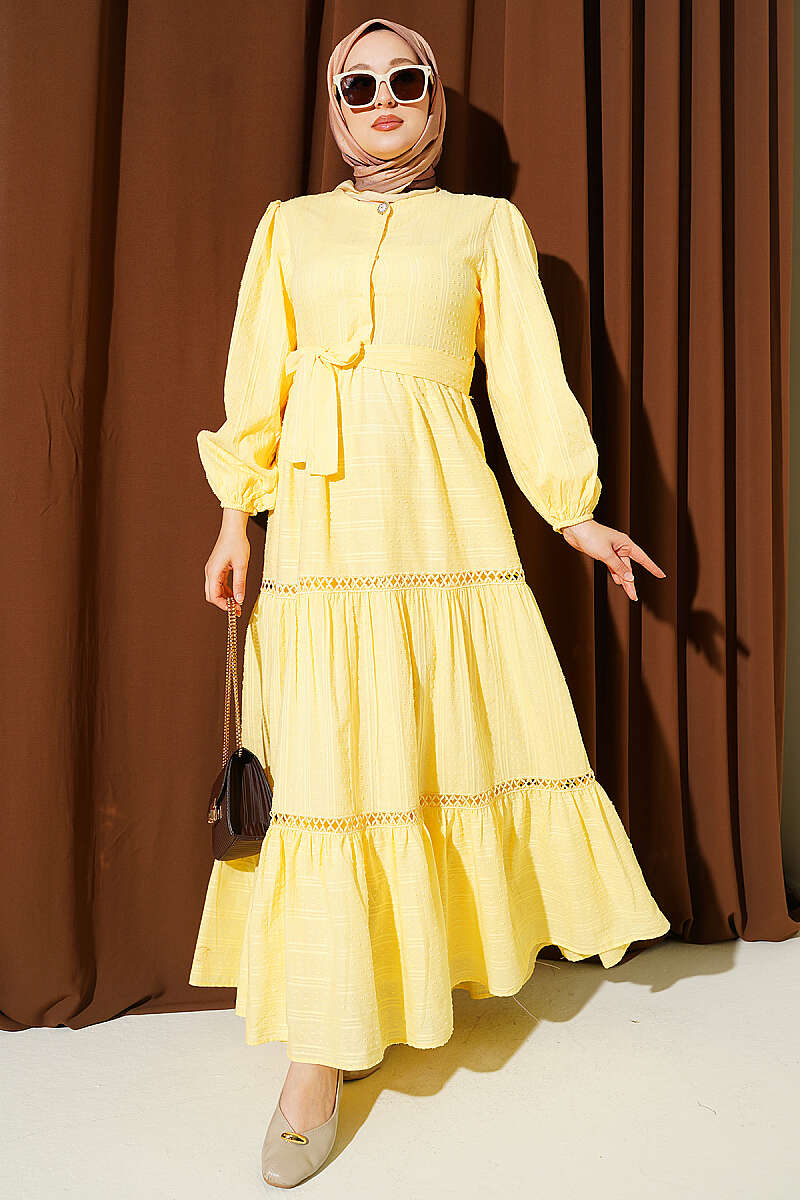 Belted Dress with Concealed Buttons - Yellow