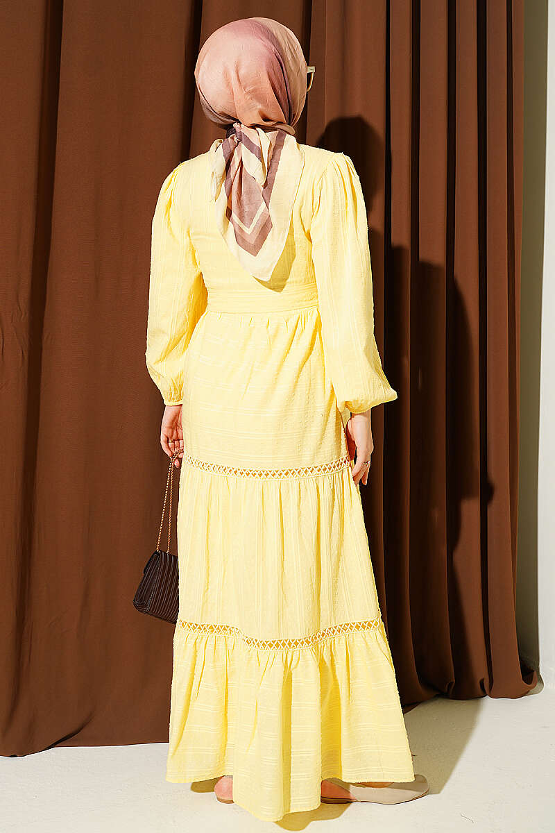 Belted Dress with Concealed Buttons - Yellow