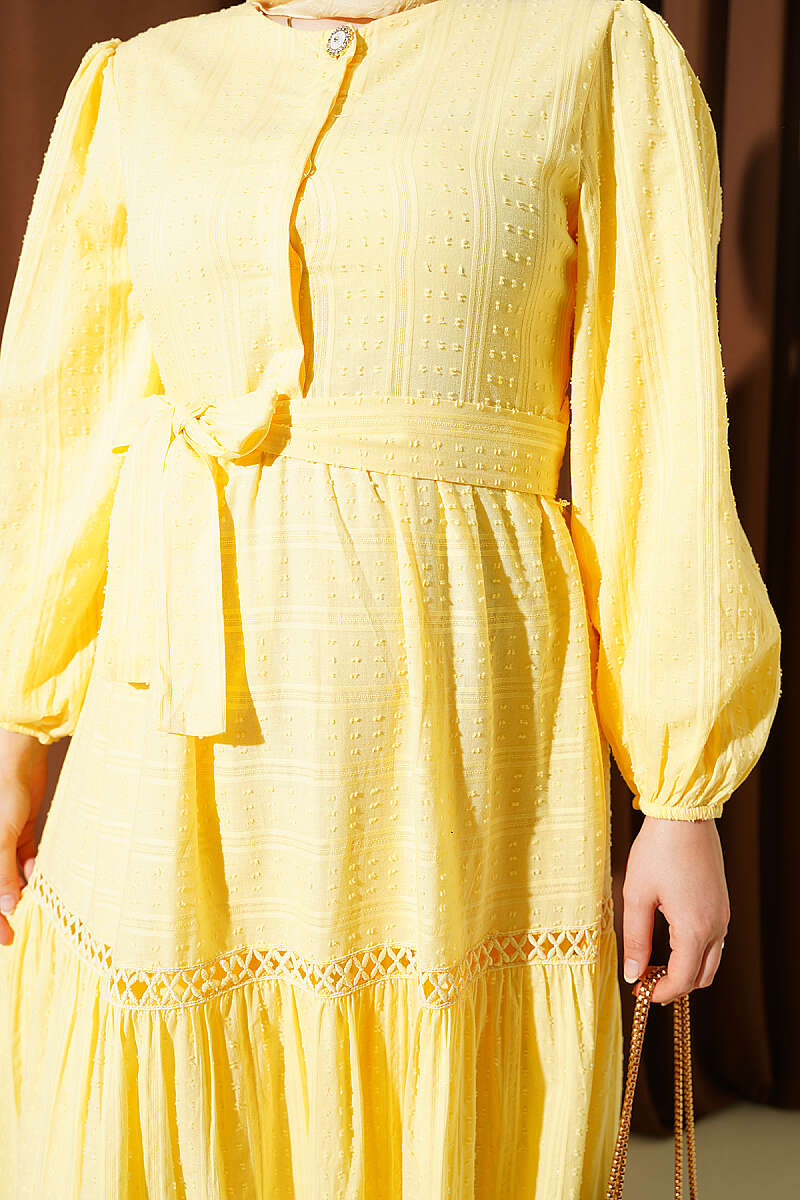 Belted Dress with Concealed Buttons - Yellow