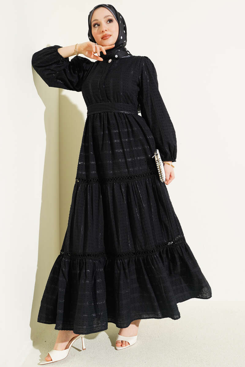 Belted Dress with Concealed Buttons - Black